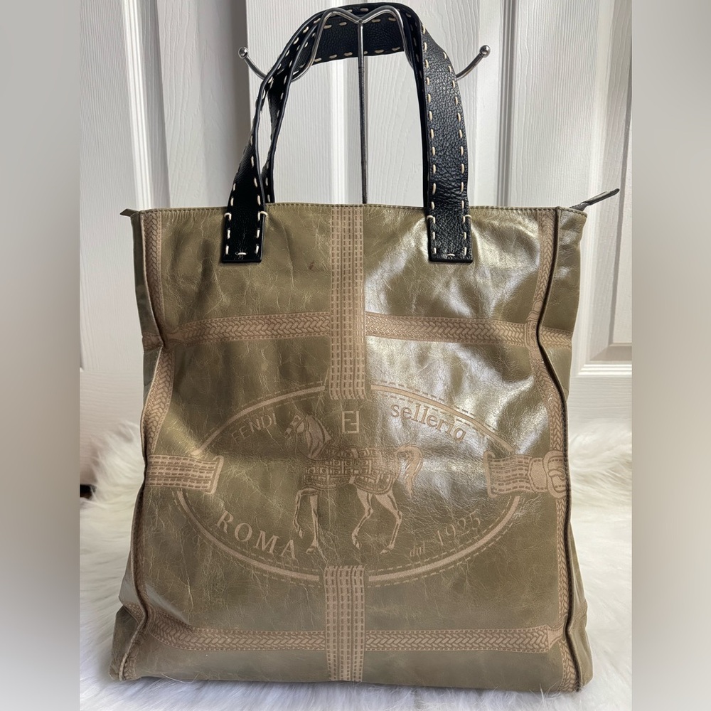 Fendi Green Leather Tote Bag with Black Handles